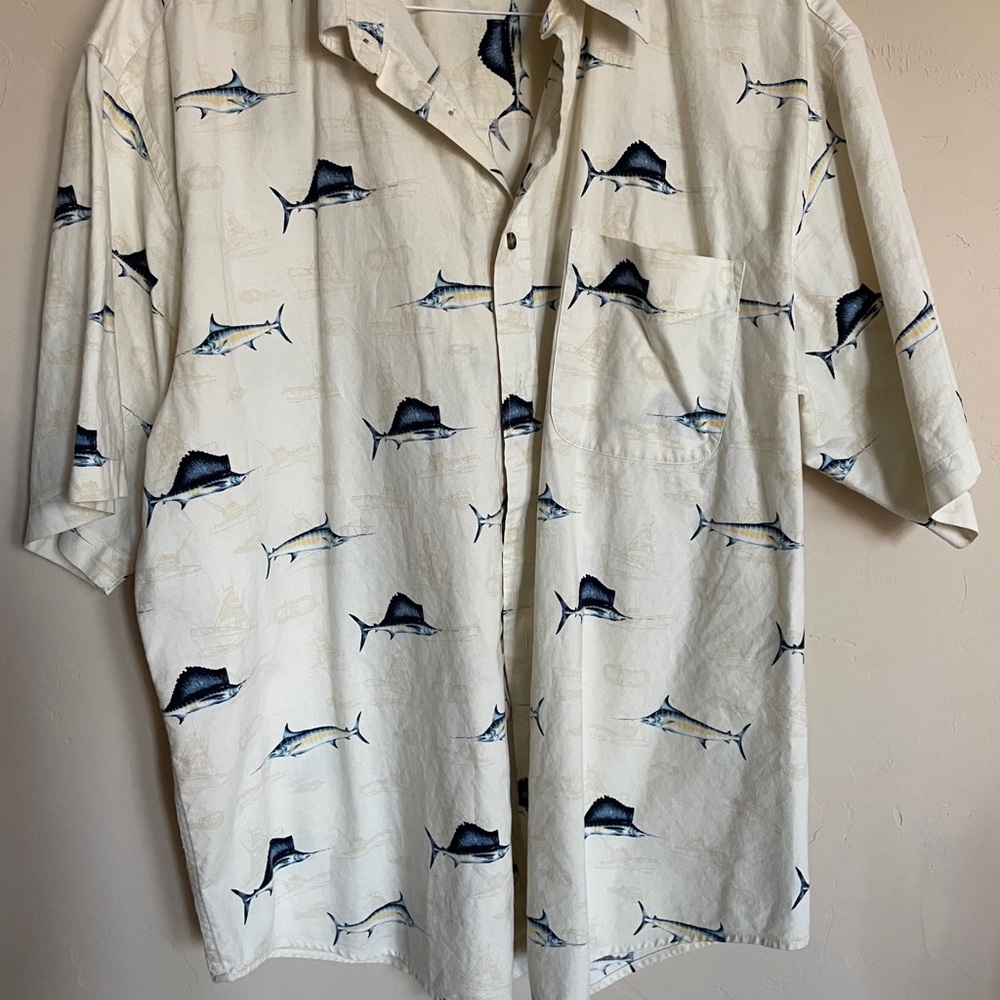 Puritan Cream Short-Sleeve Button-Down with Navy Fish Print